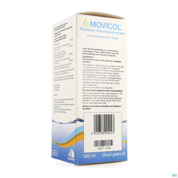 Packshot Movicol Vloeibaar Sinaasappelsm Conc Drank 500ml