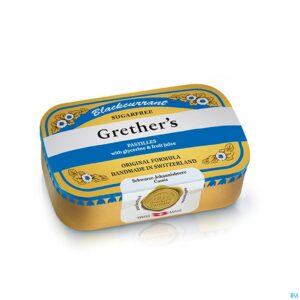 Packshot Blackcurrant Grethers Zonder Suiker Past 110g