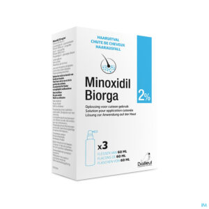 Packshot Minoxidil Biorga 2% Opl Cutaan Koffer Fl 3x60ml