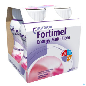 Packshot Fortimel Energy Multi Fibre Aardbei Flesjes 4x200ml