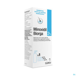 Packshot Minoxidil Biorga 2% Opl Cutaan Koffer Fl 1x60ml