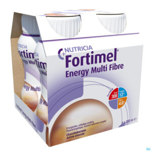 Packshot Fortimel Energy Multi Fibre Chocolade Flesjes 4x200ml