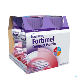Packshot Fortimel Compact Protein Verfrissende Rode Vruchten Flesjes 4x125 ml
