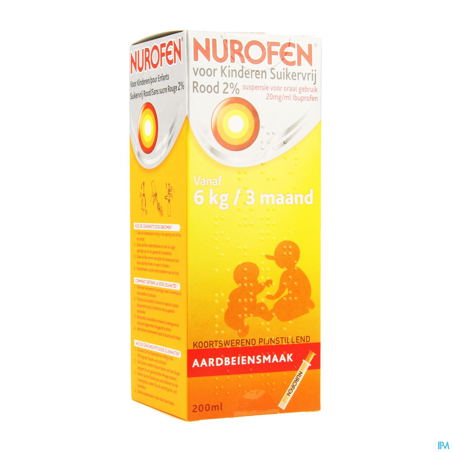 Packshot Nurofen Kind Suikervrij Aardbei 2 % 200ml