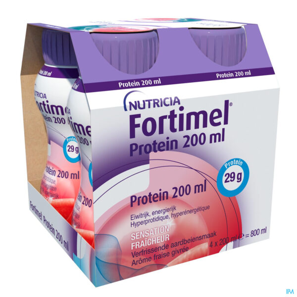 Packshot Fortimel Protein 200ml Aardbei Verfrissend 4x200ml