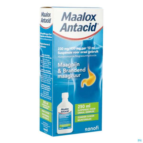 Packshot Maalox Antacid 230mg/400mg/10ml Susp Oraal 250ml