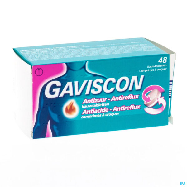 Packshot Gaviscon Antizuur-antireflux Kauwtabl 48