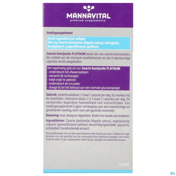 Packshot Mannavital Zwarte Komijnolie Platinum Softgels 120