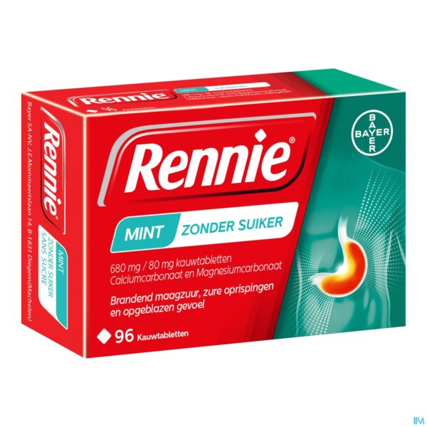 Packshot Rennie Mint Z/suiker Kauwtabl 96 Packshot Rennie Mint Z/suiker Kauwtabl 96