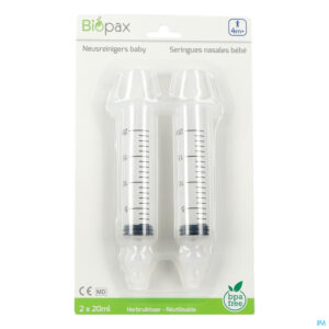 Packshot Biopax Neusreiniger Baby 4m+ 2x20ml + 2 Neusstuk.