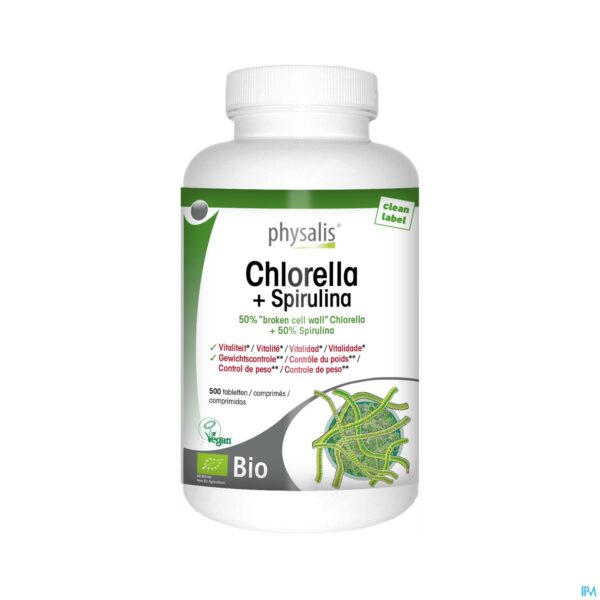 Packshot Physalis Chlorella + Spirulina 500mg Comp 500 Packshot Physalis Chlorella + Spirulina 500mg Comp 500