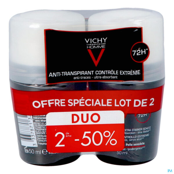 Packshot Vichy Homme Deo A/transp. 72u Roller Duo 2x50ml