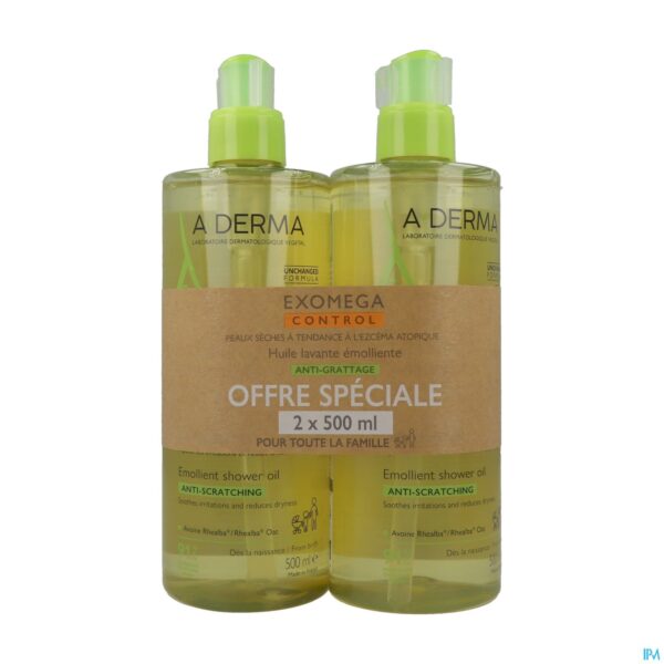 Packshot Aderma Exomega Control Olie 2x500ml Promo -50%