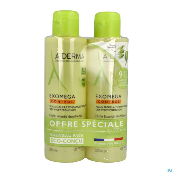 Packshot Aderma Exomega Control Olie 2x500ml Promo -50%