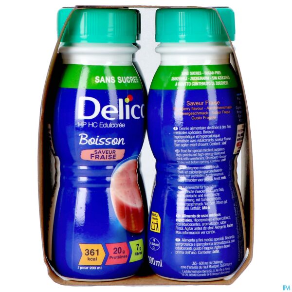 Packshot Delical Melkdrank Z/suiker Aardbei 4x200ml