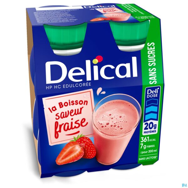 Packshot Delical Melkdrank Z/suiker Aardbei 4x200ml