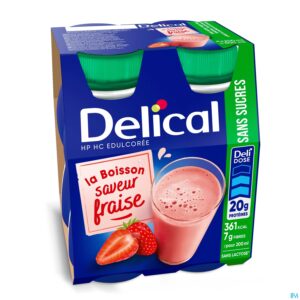Packshot Delical Melkdrank Z/suiker Aardbei 4x200ml