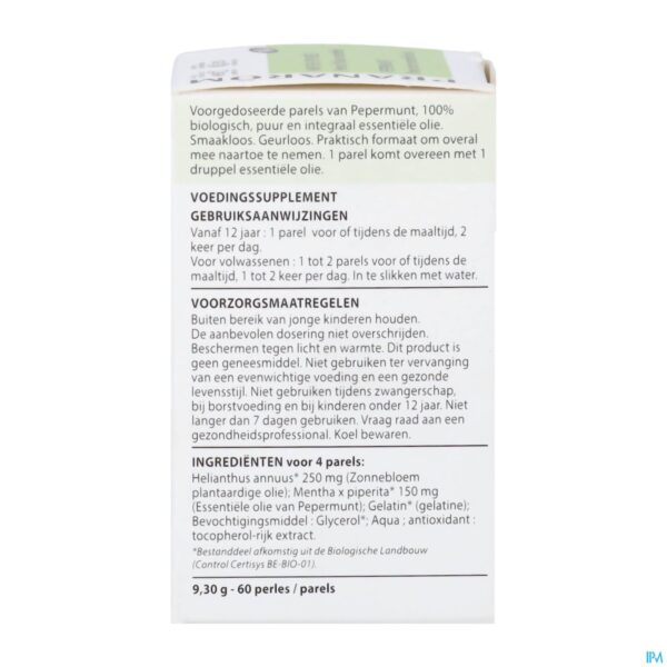 Packshot Pranarom Eo Pepermunt Bio Parels 60