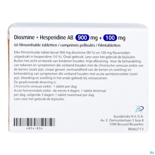 Packshot Diosmine+hesperidine Ab 900mg+100mg Filmomh Tabl60
