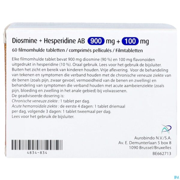 Packshot Diosmine+hesperidine Ab 900mg+100mg Filmomh Tabl60