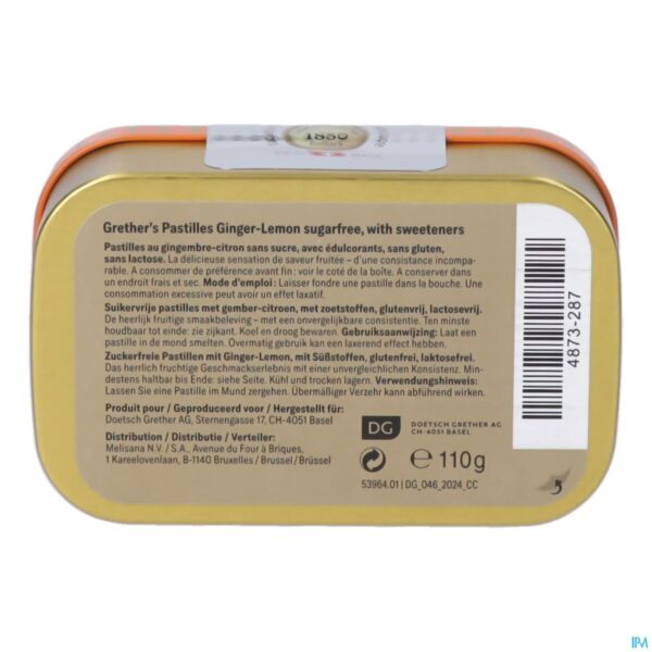Packshot Grether's Suikervrij Pastilles Gember-citroen 110g