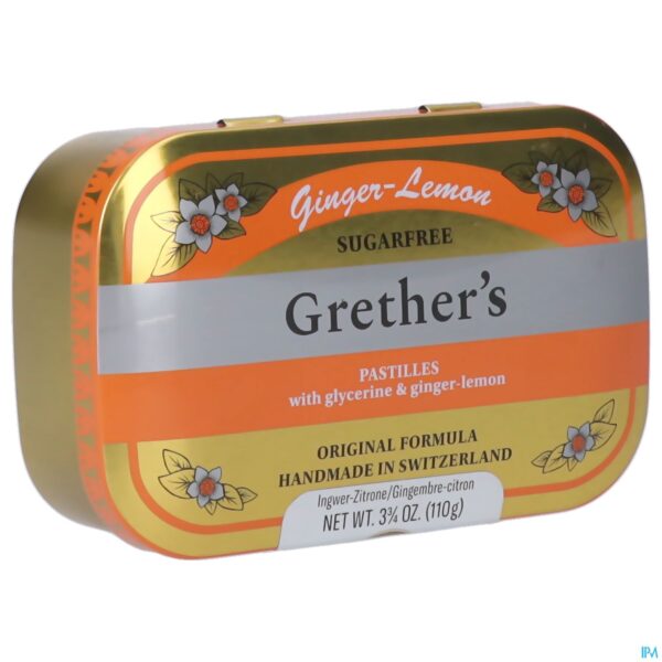 Packshot Grether's Suikervrij Pastilles Gember-citroen 110g