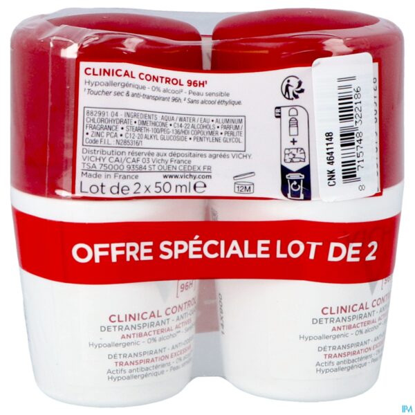 Packshot Vichy Deo V Roll 96h Clinical Ctrl Duo 50ml 2e-50%