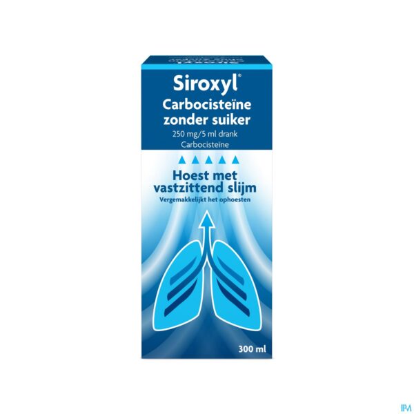 Packshot Siroxyl Carbocistein.250mg/5ml Z/suiker Drank300ml