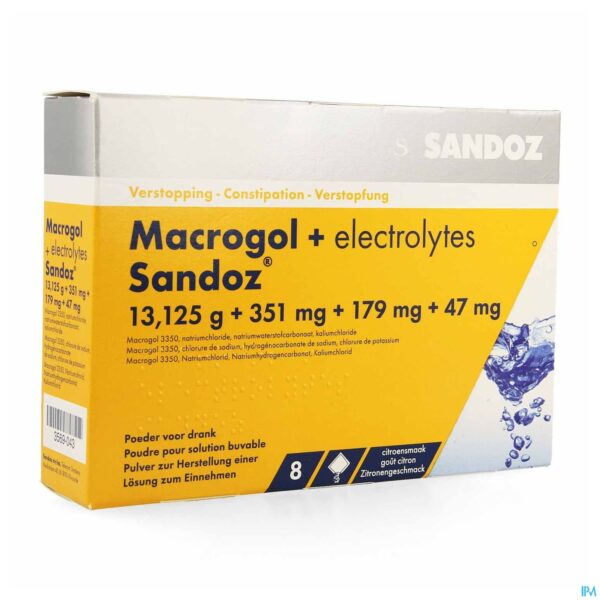 Packshot Macrogol + Electr Sandoz Pdr Ciroensmaak Zakje 8