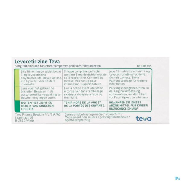 Packshot Levocetirizine Teva 5mg Comp 10