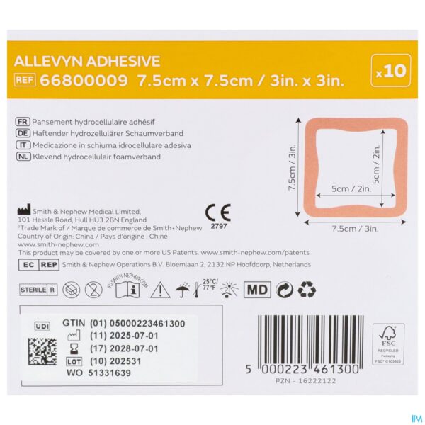 Packshot Allevyn Verb Adh Hydrocel. 7,5x 7,5cm 10 66800009