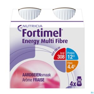 Packshot Fortimel Energy Multi Fibre Aardbei 4x200ml