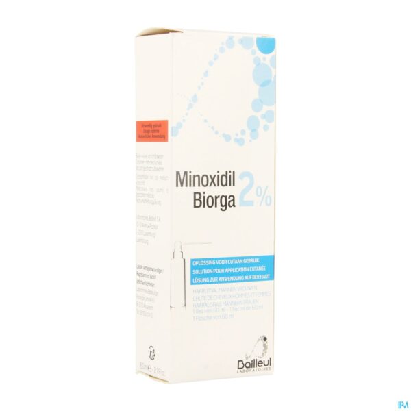 Packshot Minoxidil Biorga 2% Opl Cutaan Koffer Fl 1x60ml