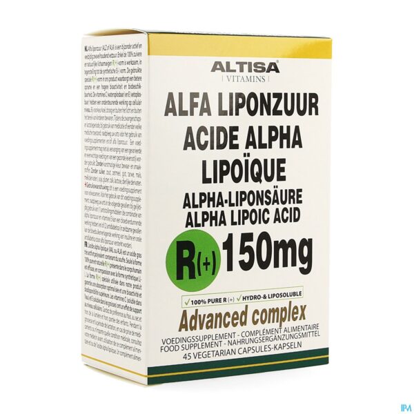 Packshot Altisa R(+)-alpha Liponzuur 150mg + C+e V-caps 45 Packshot Altisa R(+)-alpha Liponzuur 150mg + C+e V-caps 45