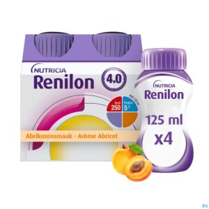 Packshot Renilon 4.0 Drankje Aroma Abrikoos Flessen 4x125ml