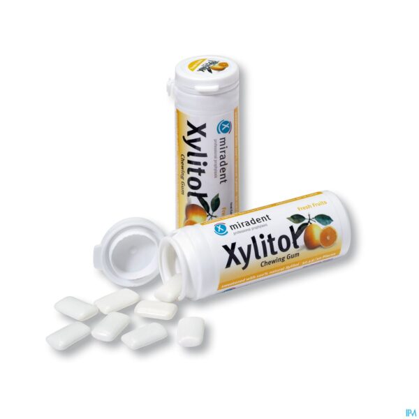 Packshot Miradent Kauwgom Xylitol Fruit Z/suiker 30