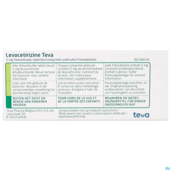 Packshot Levocetirizine Teva 5mg Comp 10