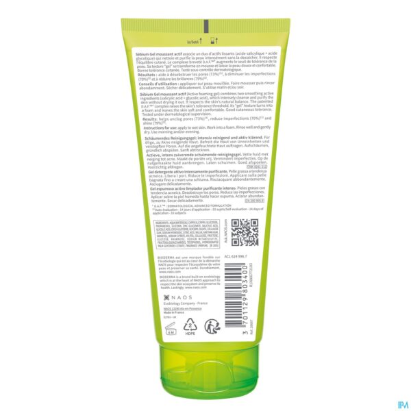 Packshot Bioderma Sebium Gel Moussant Actif Tube 200ml