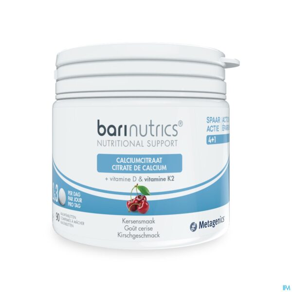 Packshot Barinutrics Calciumcitraat Kers + K2 Kauwtabl 90