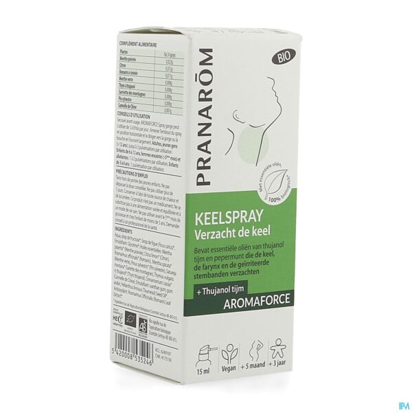 Packshot Pranarom Aromaforce Verzacht. Keelspray Bio 15ml