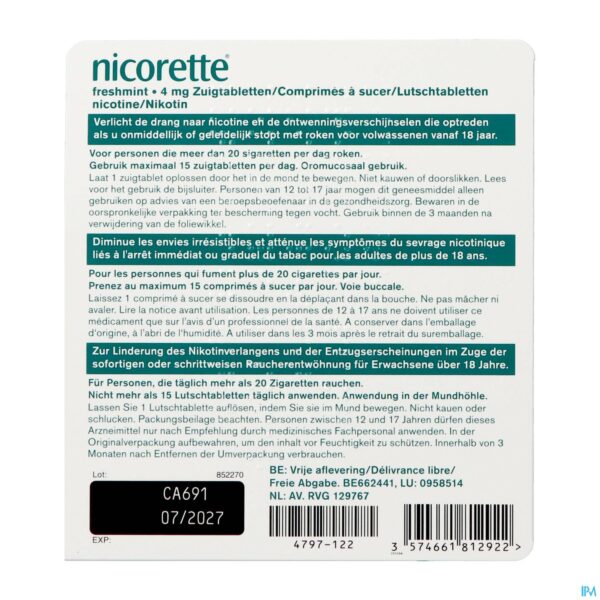 Packshot Nicorette Freshmint 4mg Zuigtabl Z/suiker 80 Nf