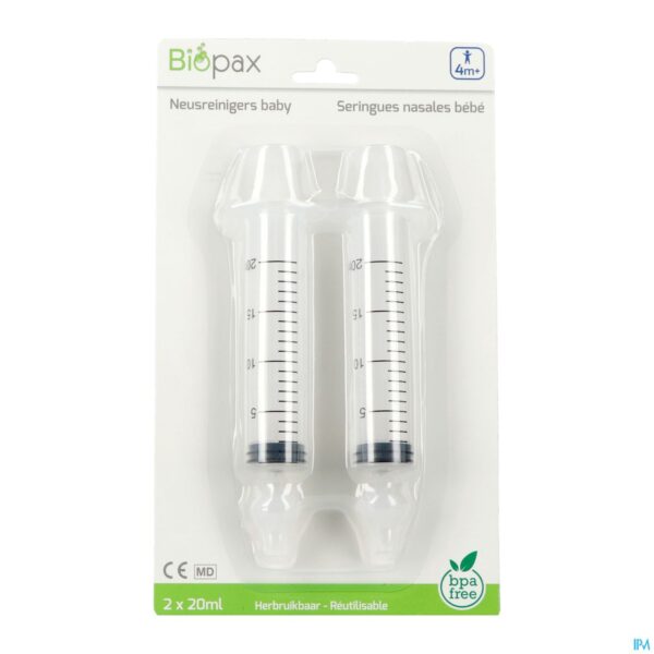 Packshot Biopax Neusreiniger Baby 4m+ 2x20ml + 2 Neusstuk.
