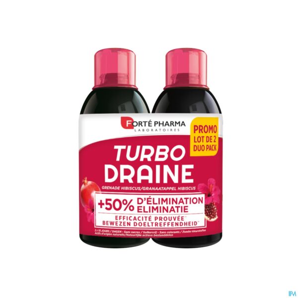 Packshot Turbodraine Granaatappel Hibiscus Duo 2x500 ml Packshot Turbodraine Granaatappel Hibiscus Duo 2x500 ml