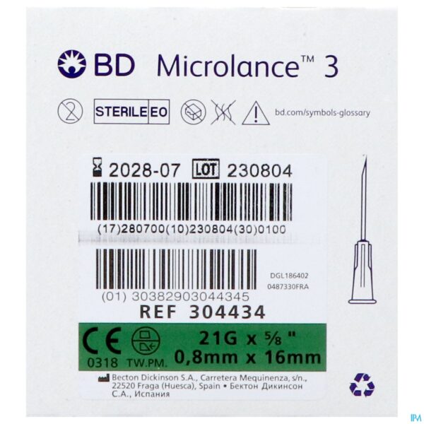 Packshot Bd Microlance 3 Naald 21g 5/8 Rb 0,8x16mm Groen100