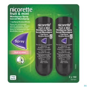Packshot Nicorette Fruit&mint 1mg Mondspray Suikervr. 2x150