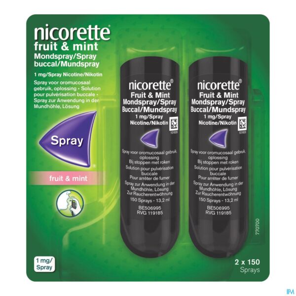 Packshot Nicorette Fruit&mint 1mg Mondspray Suikervr. 2x150
