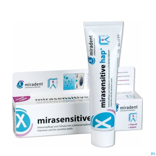 Packshot Miradent Mirasensitive Hap+ Tandpasta 50ml Packshot Miradent Mirasensitive Hap+ Tandpasta 50ml