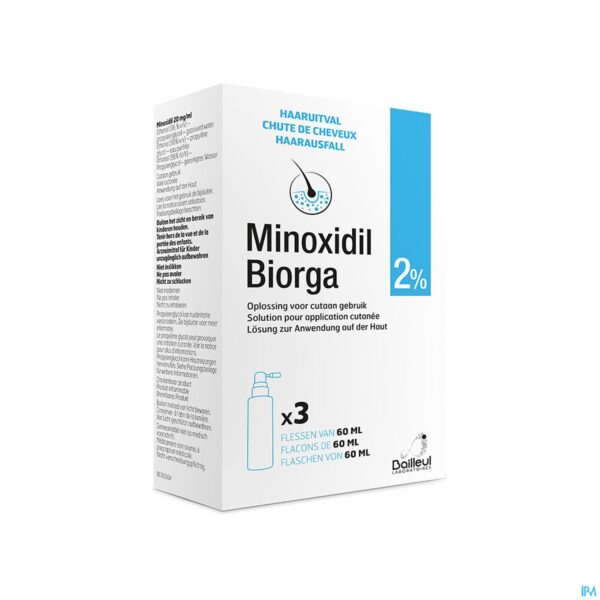 Packshot Minoxidil Biorga 2% Opl Cutaan Koffer Fl 3x60ml